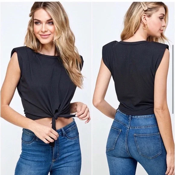 Ultra soft black front tie crop top - Picture 3 of 3